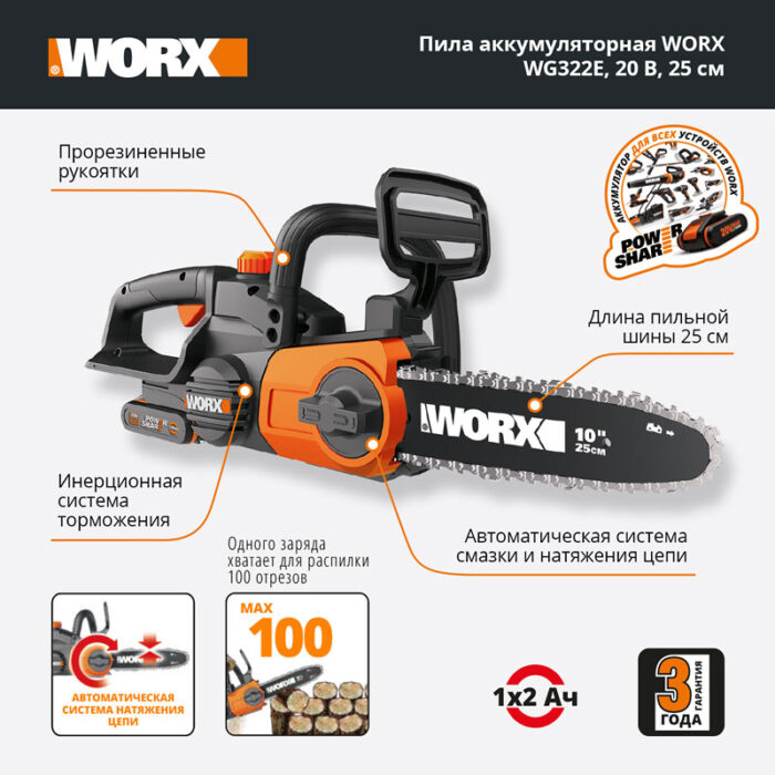 Пила цепная аккумуляторная WORX WG322E.1 с 2Ач х1 и ЗУ — изображение 15